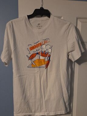 Nike White Short Sleeve Graphic Tee with Orange & Blue Print